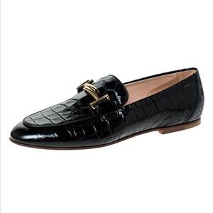 Tod’s Black Croc-Embossed Double-T Loafers with Gold Buckle